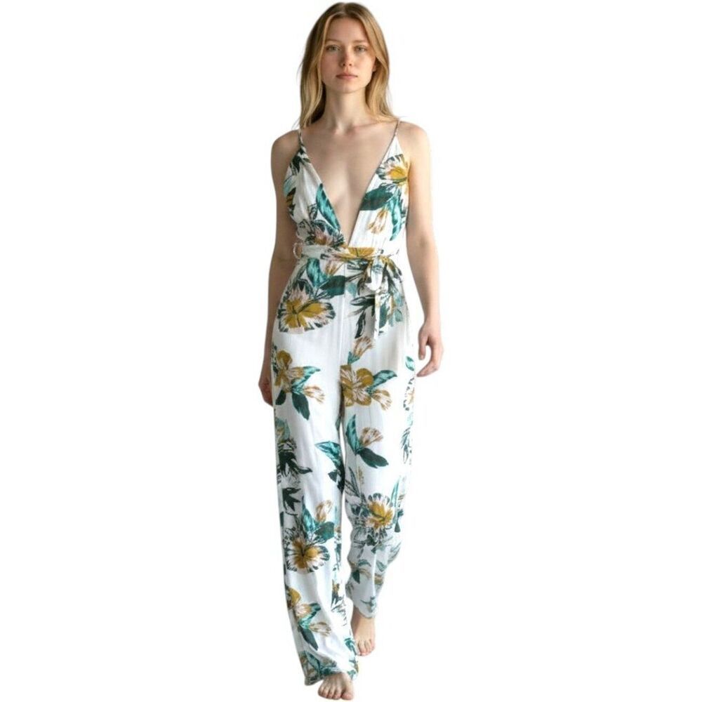 Le Salty Label Tropical Floral V-Neck Spaghetti Strap Jumpsuit White Size Medium